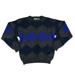 Vintage cobalt blue and dark grey diamond pattern crew neck sweater